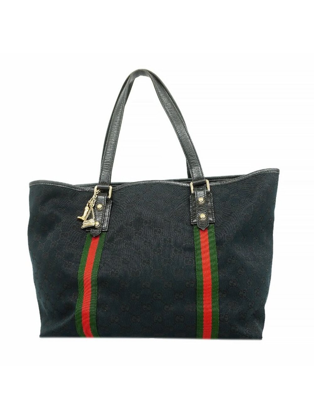 Gucci Tote Bag GG Canvas Sherry Line Black Champagne Gold